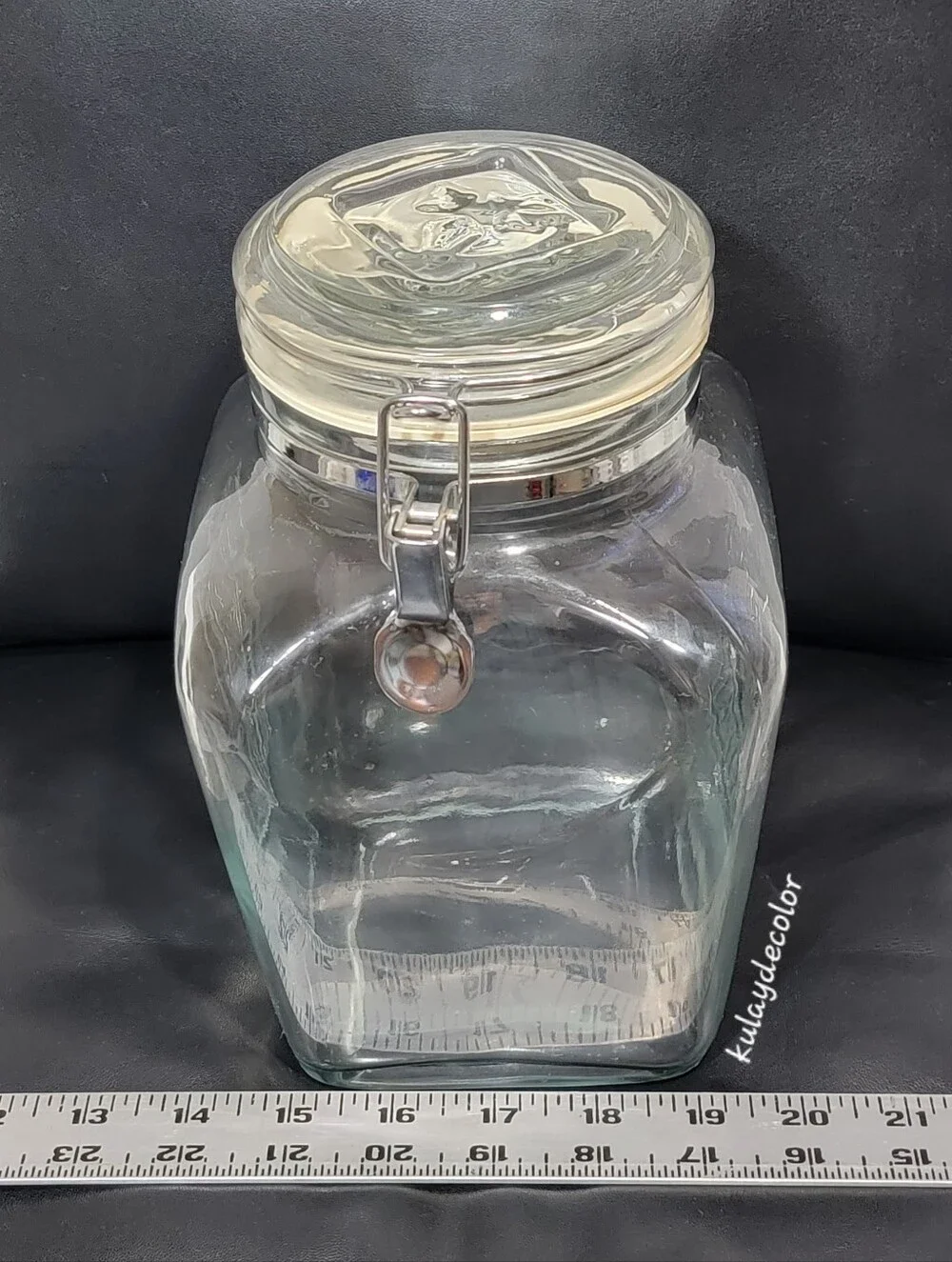 Vintage Large Glass Canister Embossed Leaf Hermetic Jar Hinged Bail Lid 8.75